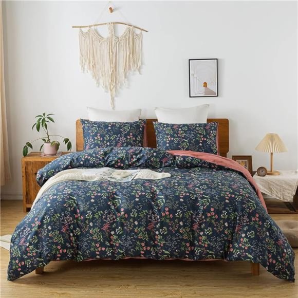Queen Duvet Cover Set - 100% Cotton Floral Duvet Soft & Breathable with Zipper - Picture 7 of 8